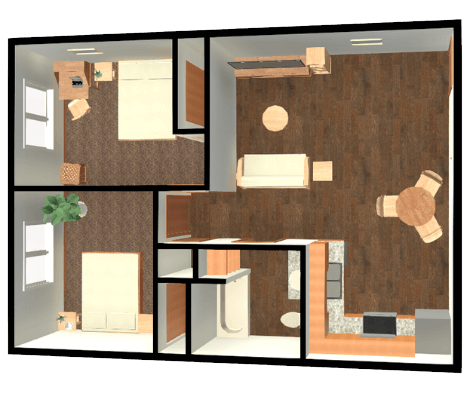 Floor plan for 2 beds, 1 bath, 745 sqft